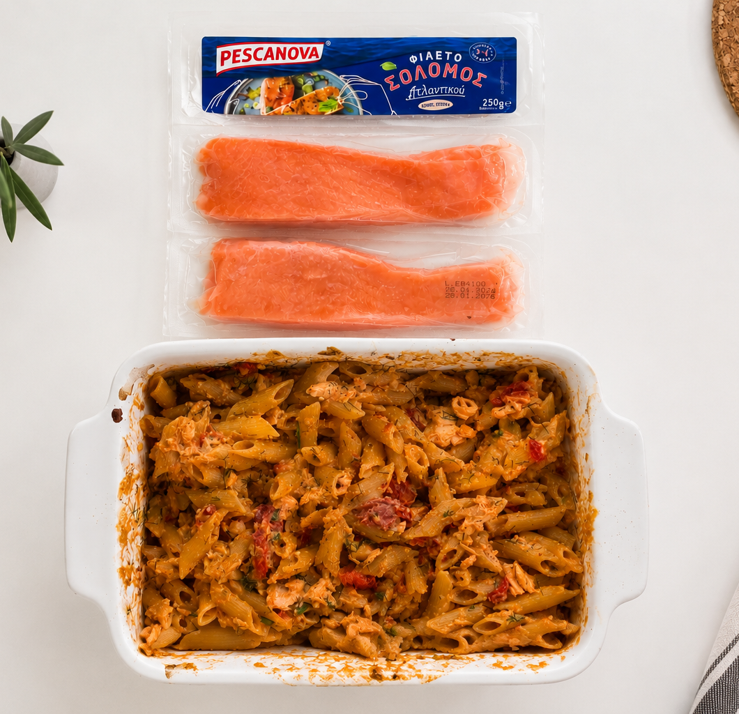 Πένες φούρνου με σολομό, φέτα & pesto rosso (λεμόνι–άνηθος)