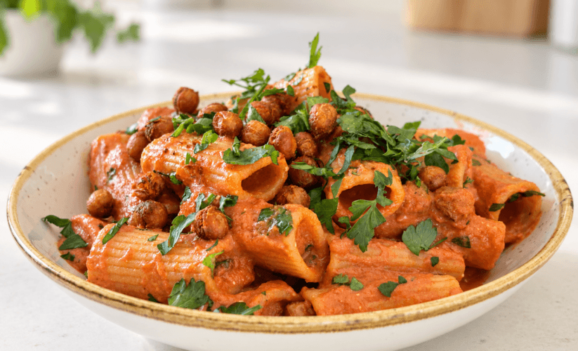 Κρεμώδες ριγκατόνι με κατίκι & πικάντικα ρεβίθια